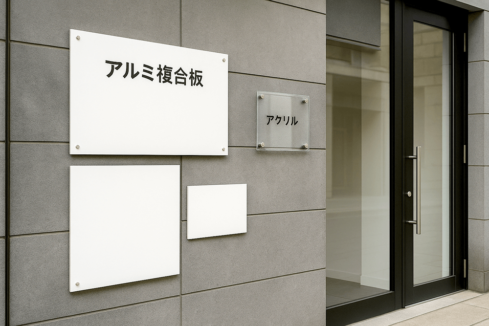 アルミ複合板は外壁に複数枚、アクリルは入口に1枚のイメージ写真