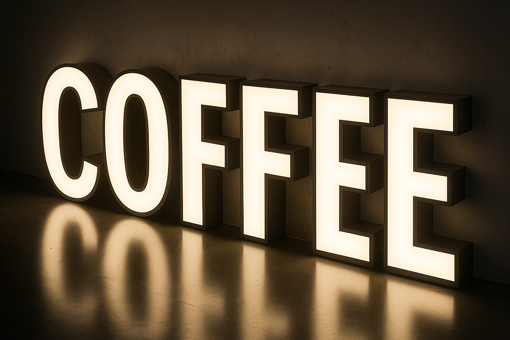 内照式チャンネル文字（夜）。発光で視認性が高い