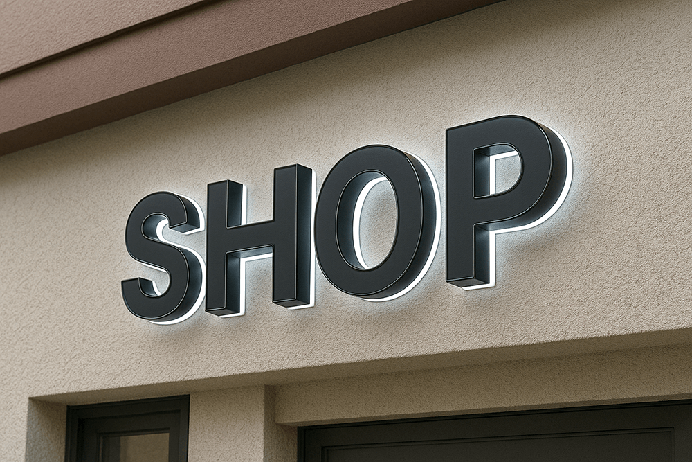 屋外壁での設置イメージ。軒下のカルプ、外壁面のチャンネル文字の対比