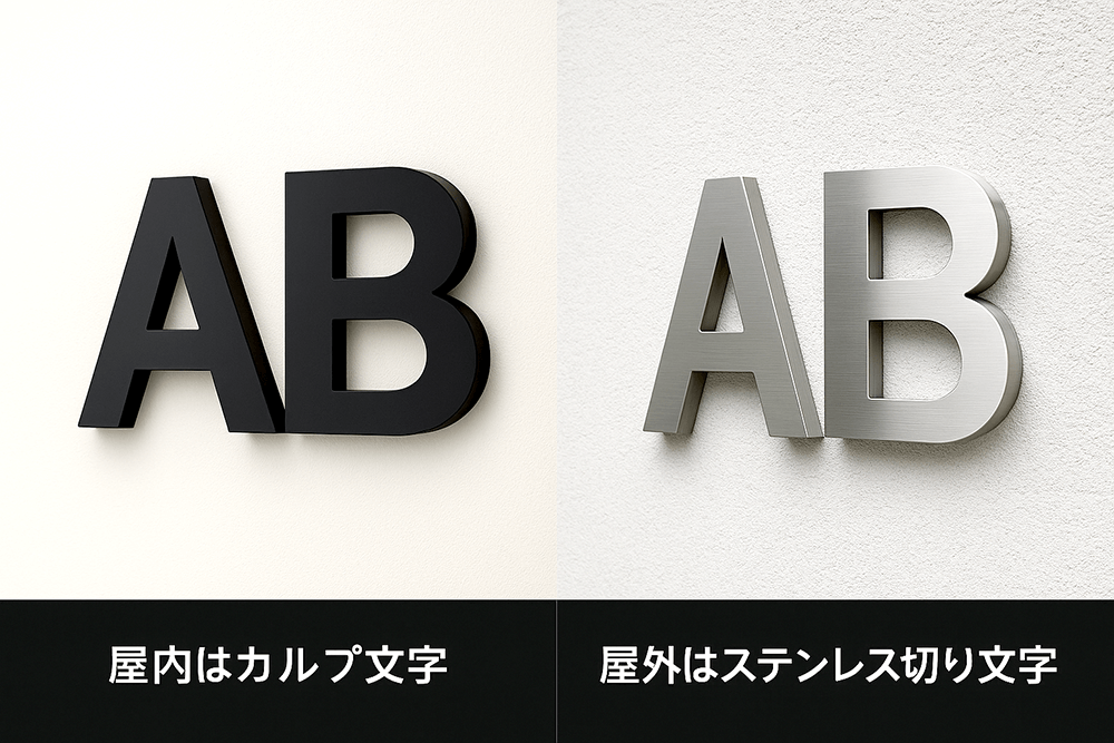屋内はカルプ文字、屋外はステンレス切り文字の対比（SIGN）。左：受付壁のカルプ／右：外壁のステンレス