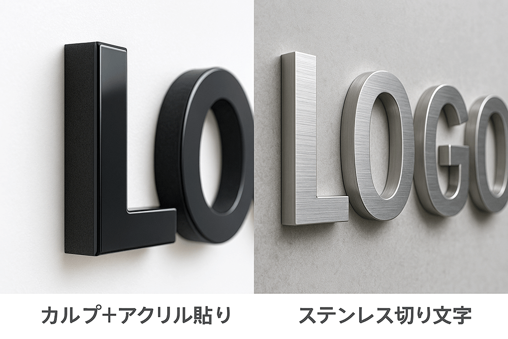 ステンレス切り文字ヘアライン仕上げの接写。斜め光で金属感を強調（LOGO）