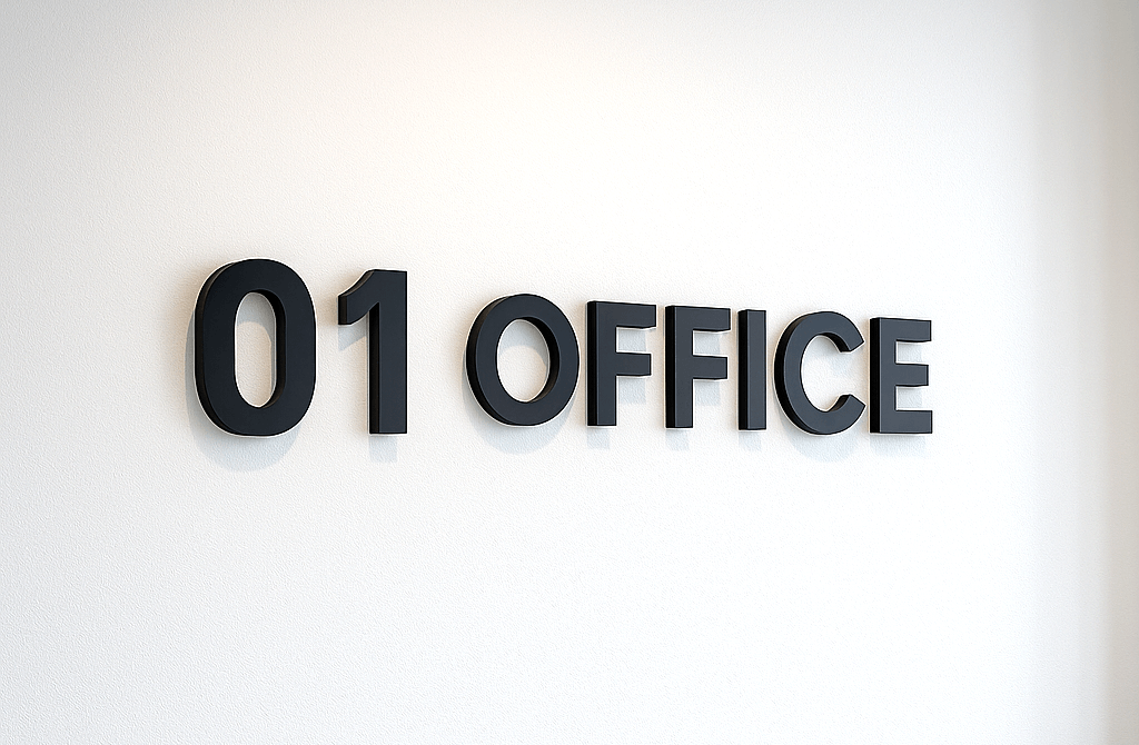 受付壁にカルプ＋アクリル貼りの「01 OFFICE」を設置した施工後の写真