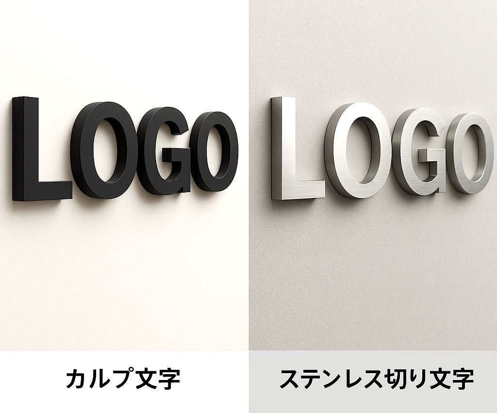 カルプ文字とステンレス切り文字の比較サムネイル（LOGO）