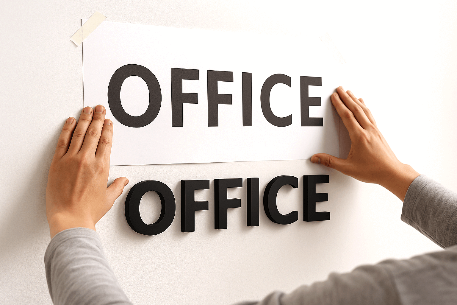 原寸原稿（型紙）を壁に当てて位置決め（カルプ文字OFFICE）。両面テープ＋ボンド施工の準備