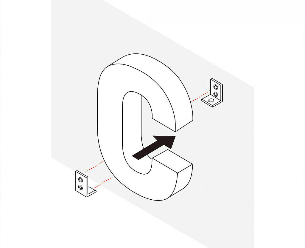 凹凸のある外壁に金具でカルプ文字を固定しているイメージ