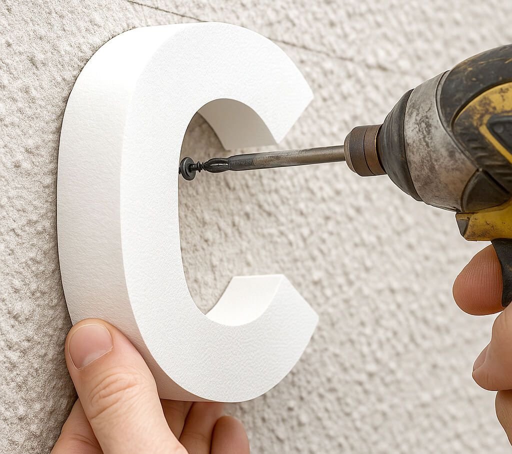 外壁に打ったピンへカルプ文字を差し込む落下防止の図