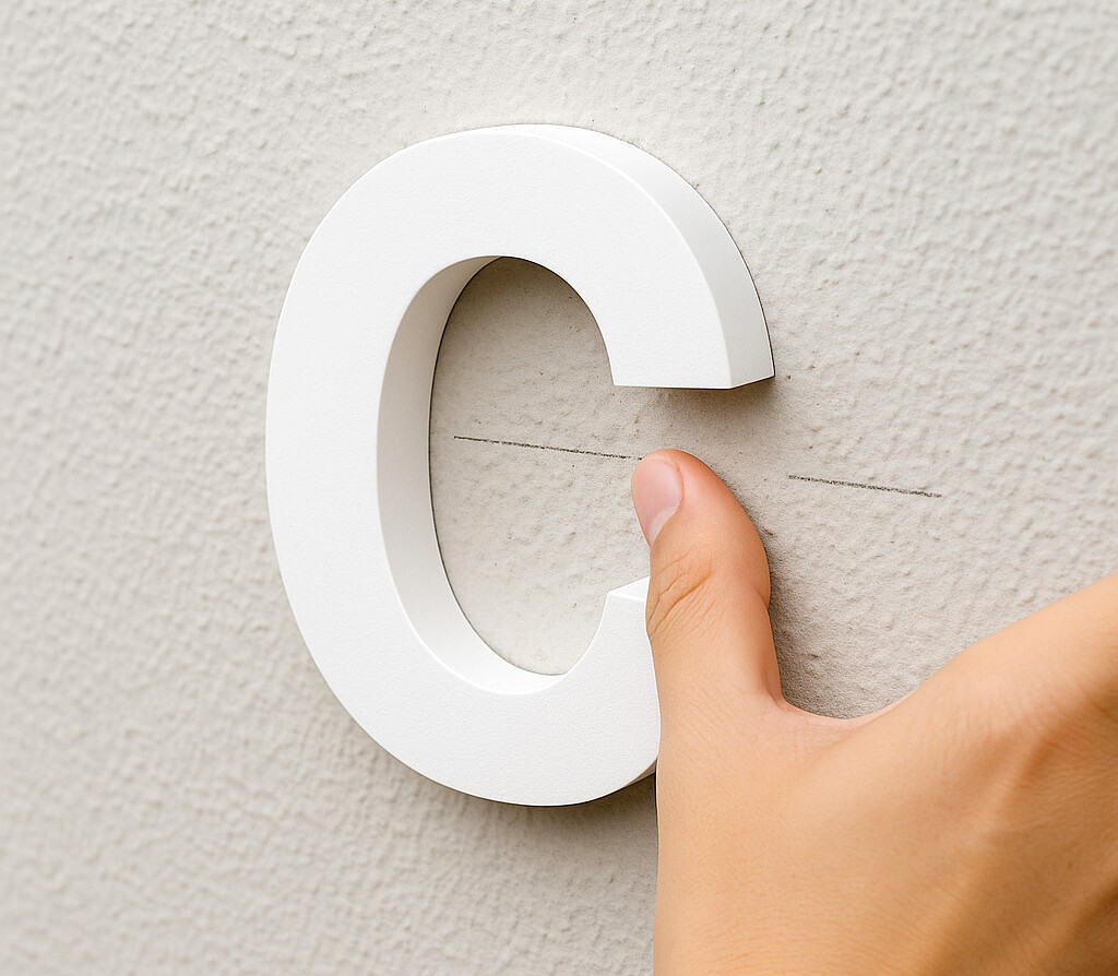 ガイドに沿ってカルプ文字を壁に押し付けている様子