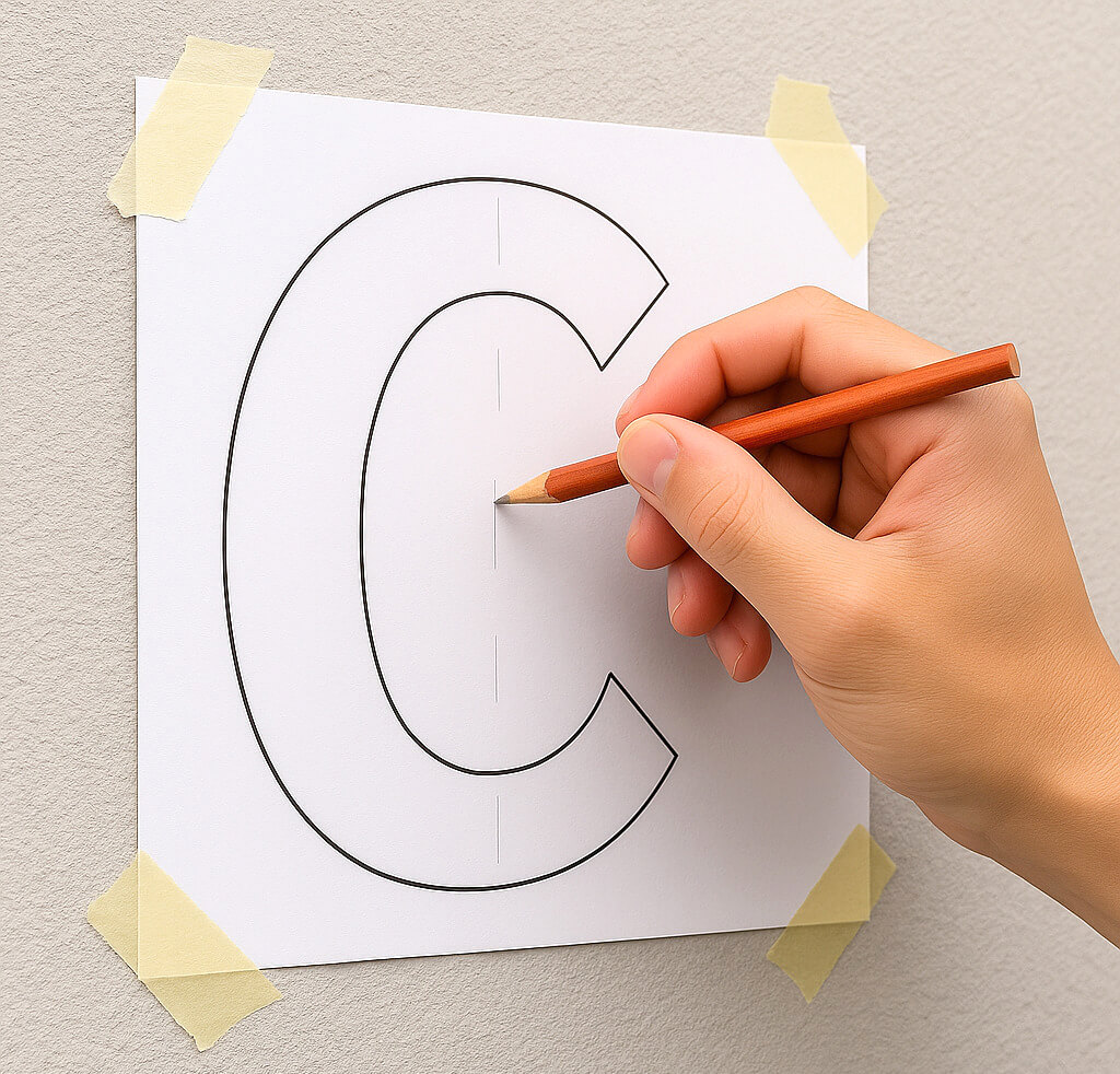 白壁に貼り位置の原稿をマスキングテープで固定している様子