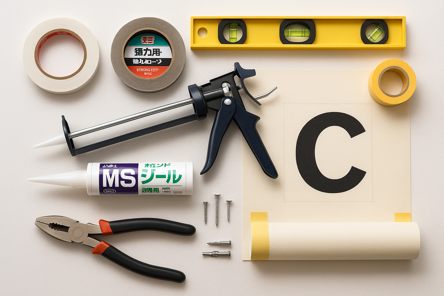 カルプ文字の取付に使う道具のセット（両面テープ・マスキングテープ・コーキングガンなど）