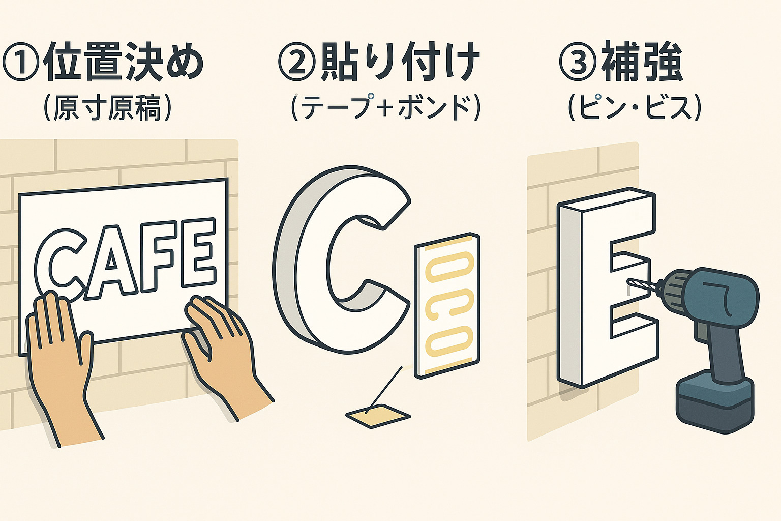カルプ文字の取付手順の全体図（位置決め→貼付け→補強）