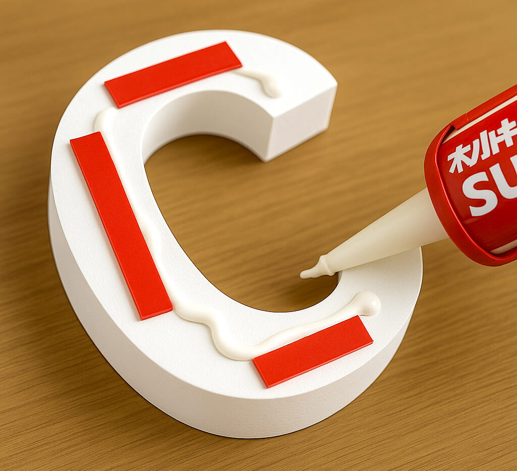 カルプ文字の裏に接着剤をS字で塗布している写真