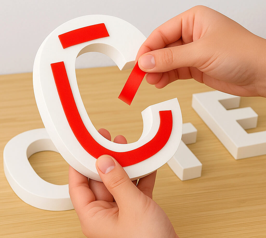 カルプ文字の裏側に両面テープを貼っている様子