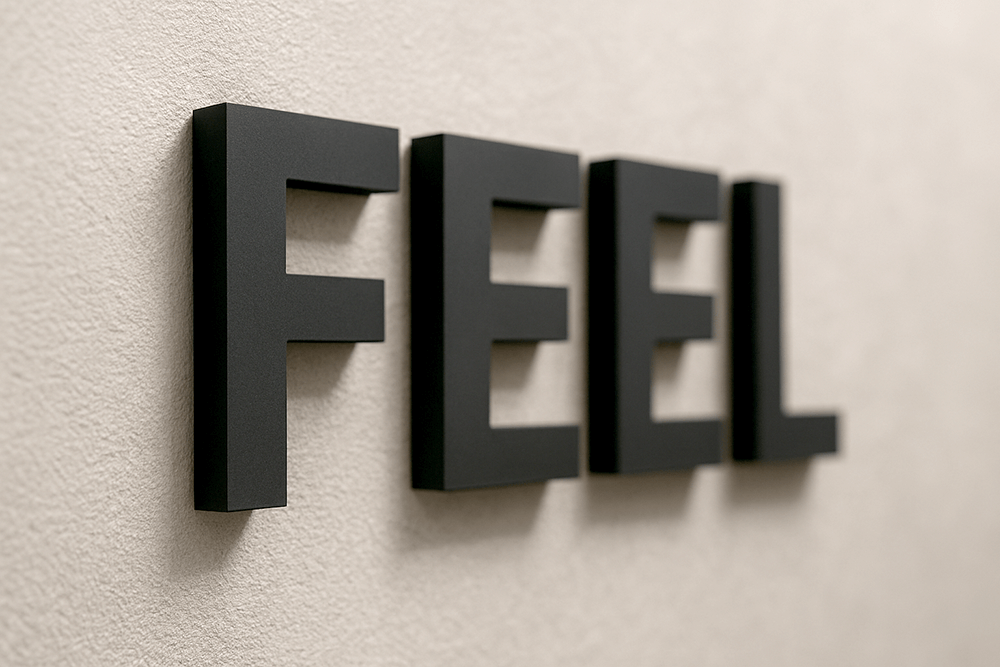 カルプ文字を斜めから見た質感。厚みと影の出方が分かる