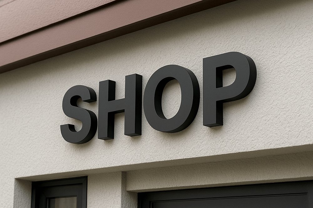 屋外壁での設置イメージ。軒下のカルプ、外壁面のチャンネル文字の対比