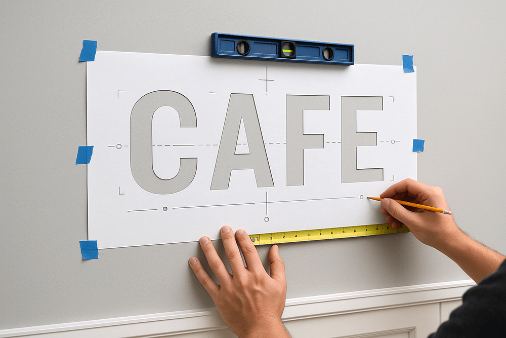 原寸原稿（型紙）を壁に当てて位置決めを行う様子