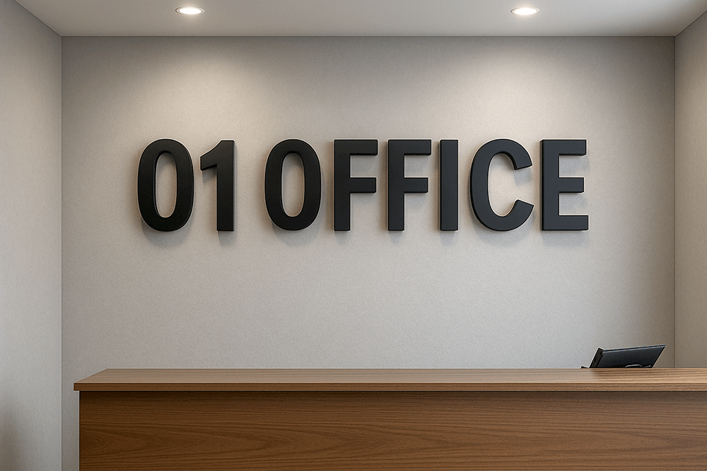 受付壁にカルプ文字を設置した施工後の写真
