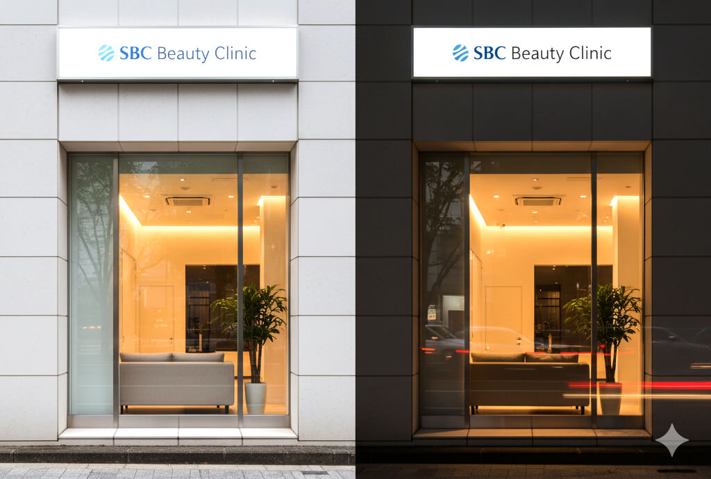 FFシートファサード看板の昼と夜の見え方を比較したイメージ