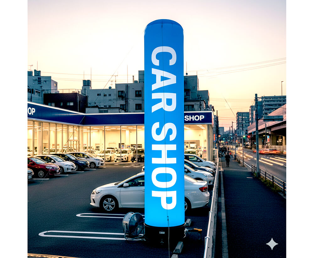 ロードサイド店舗前に高さのあるエアー看板