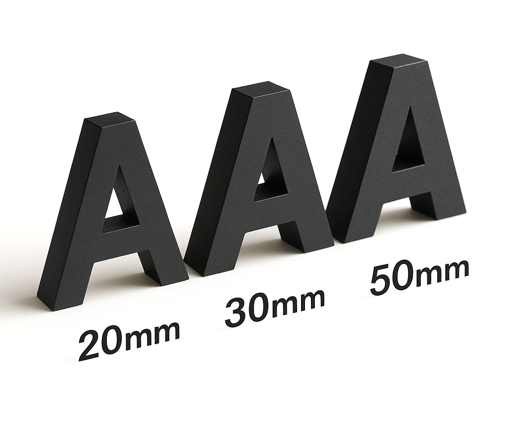 20mm・30mm・50mmのカルプ文字の厚み比較写真