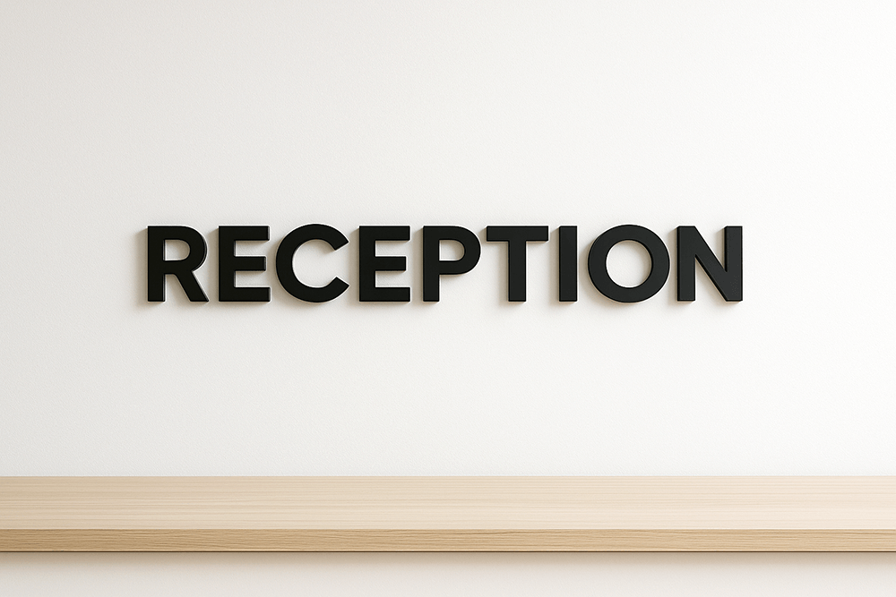 白い受付壁にカルプ＋アクリル貼りのRECEPTIONロゴを設置した写真