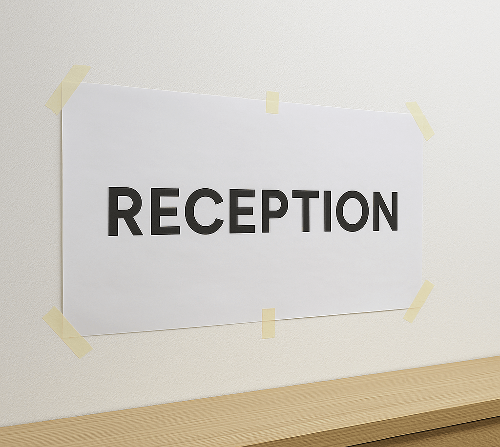 白壁に原寸原稿を貼って受付ロゴの位置を決めている様子