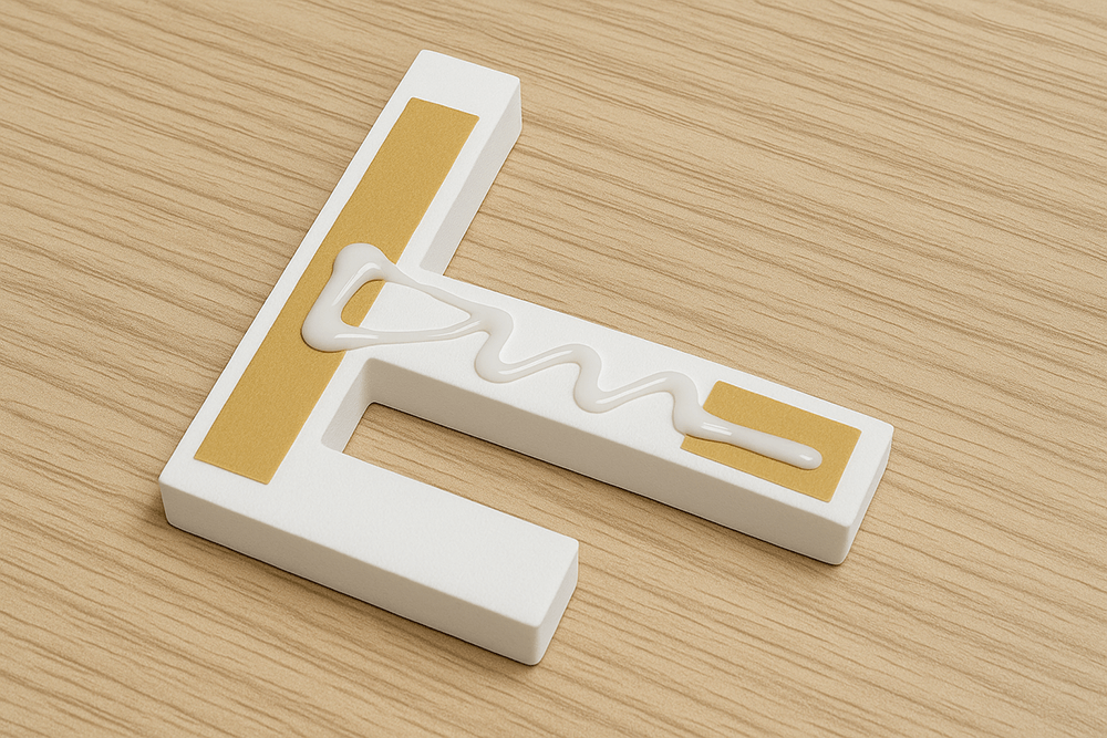 カルプ文字の裏面に両面テープと接着剤を併用している写真