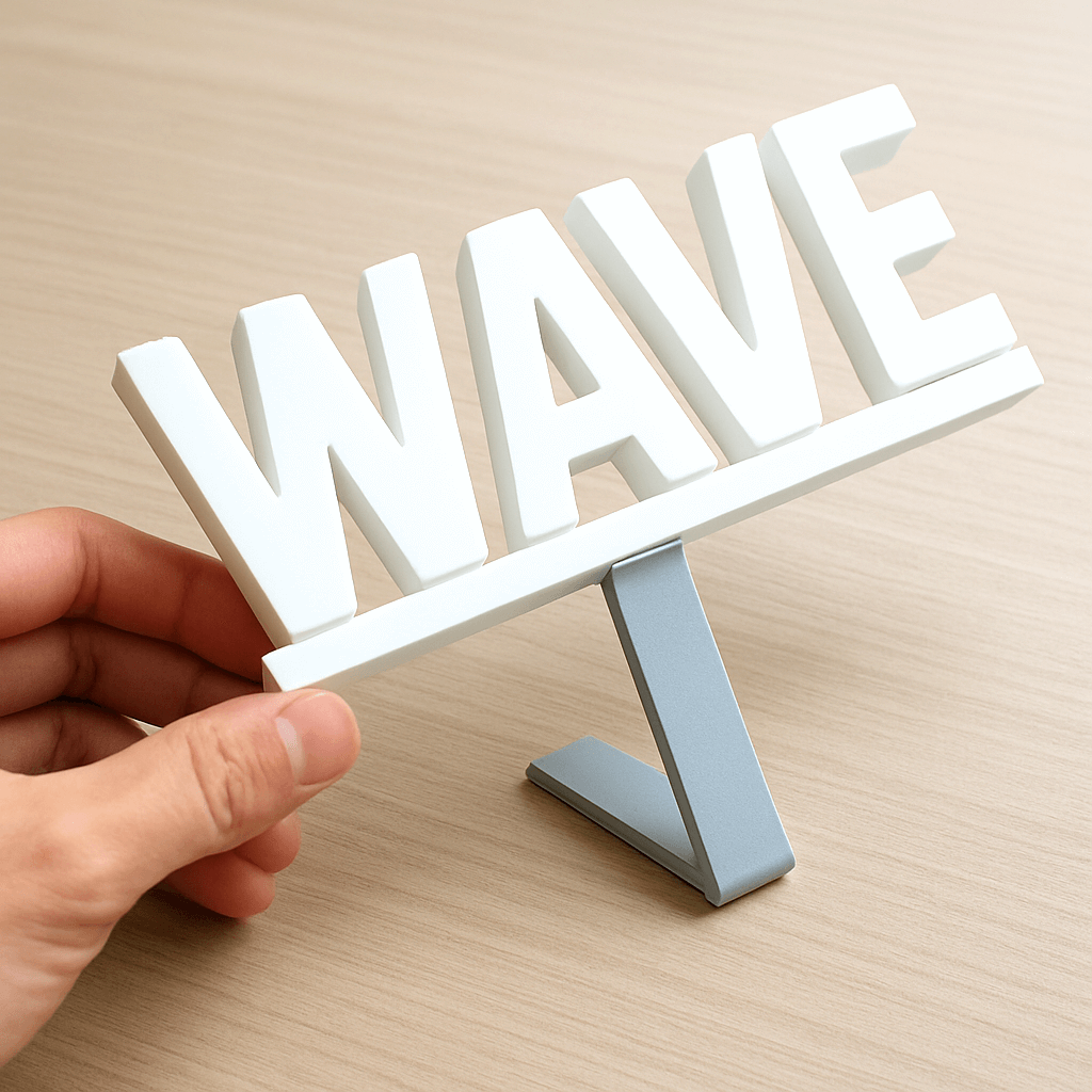 ロゴ背面にL型の補助スタンドを付けて自立させている写真