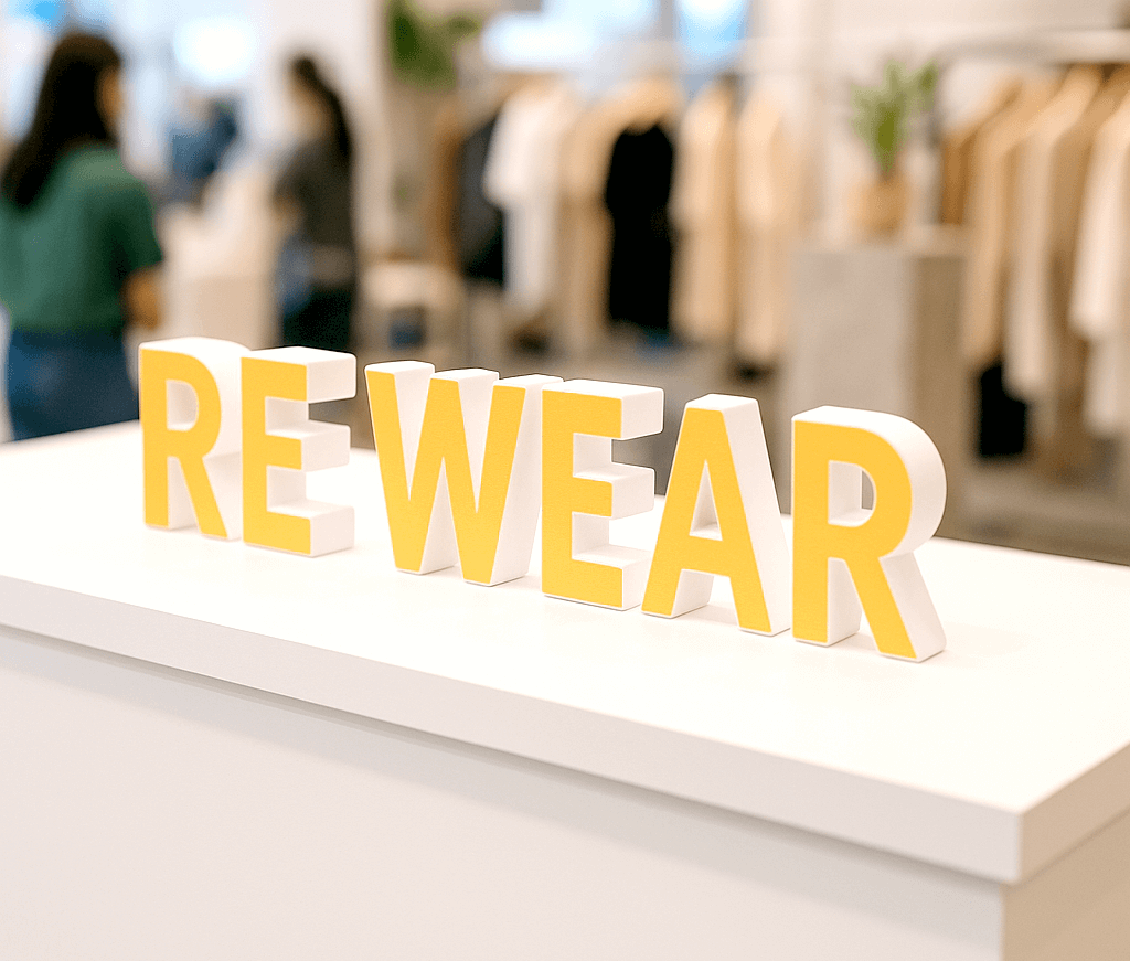 ポップアップイベントの白いカウンター上にブランドロゴ風の立体カルプ文字を置いたイメージ