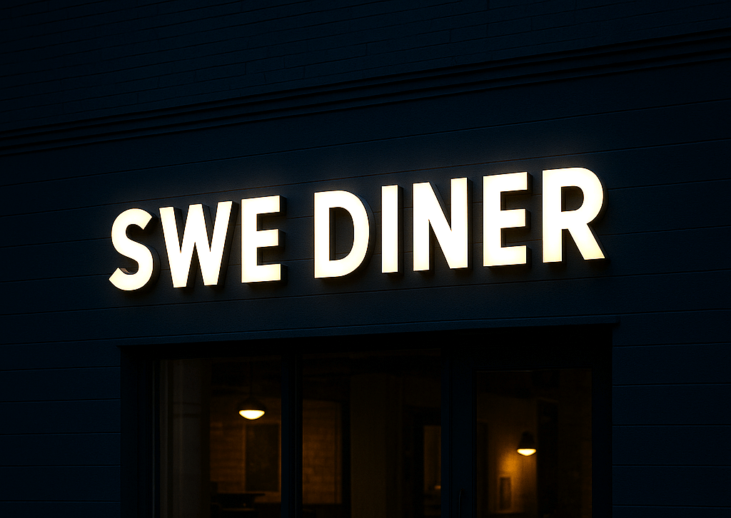 夜間のロードサイド店舗にチャンネル文字を設置したイメージ