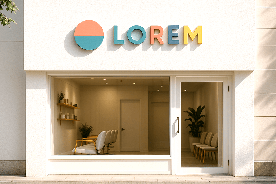 路面美容室の外壁にカルプ文字ロゴを浮かせて設置したイメージ