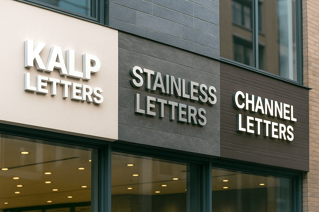 カルプ文字・ステンレス切文字・チャンネル文字を1つの建物ファサードに並べて比較したイメージ