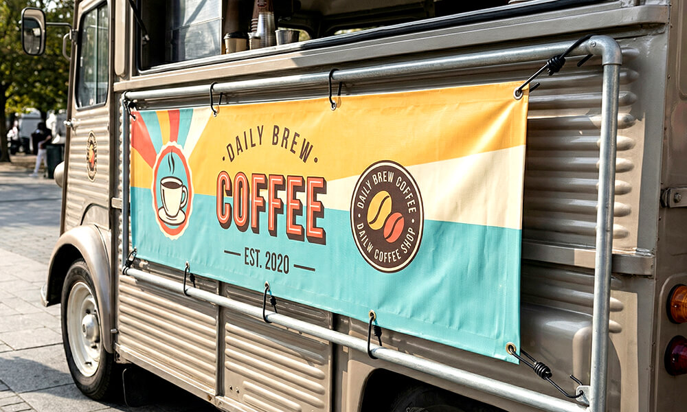 バンジーコードを使って店頭幕を単管パイプにピンと張って取り付けている様子