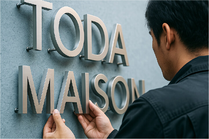 ステンレス切り文字のスペーサー固定（スタッド＋アンカー）の概念図。断面が分かる説明図