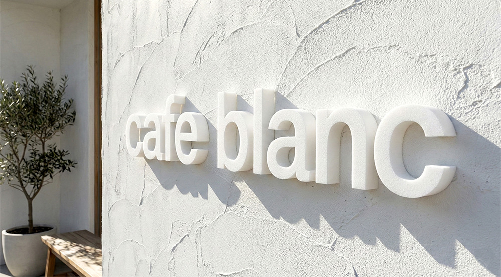 カフェの白いシンプルな厚みのあるカルプ文字看板