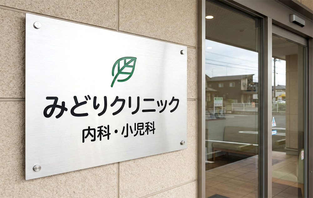 クリニック入り口のシルバー色のエッチング銘板