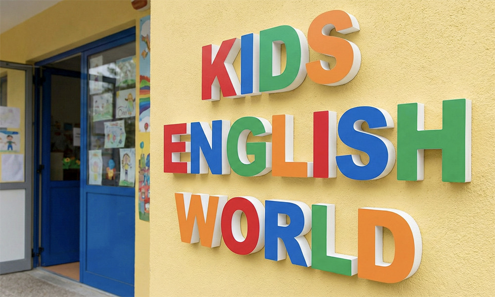 英会話スクールのカラフルでポップな3Dカルプ文字看板