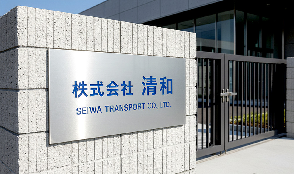 老舗企業の門柱にあるブロンズ色のエッチング銘板